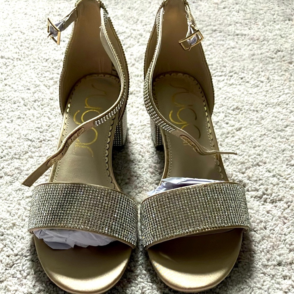 Sugar Silver Shiny Rhinestone Heels Satin Cream inside shoe 7.5 - Picture 1 of 5
